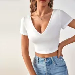 Slim Fit Short Sleeve Knit T Shirt Sexy V Neck Backless Design Trendy Style Perfect for Casual O