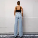 High Waisted Wide Leg Jeans Summer Style Tie Design Washed Fabric Casual Wear for Women Ready to