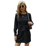 Black Long Sleeve Bodycon Dress with Tie Detail Elegant Vintage Style Perfect for Parties and Ev
