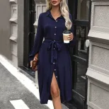 Long Sleeve Shirt Dress Solid Color Casual and Commuter Style Available in Navy Blue and Black Wholesale with Low MOQ