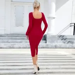 Elegant Long Sleeve Bodycon Dress Square Neck Side Slit Figure Flattering Perfect for Parties an