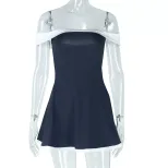 Black and White Color Block A Line Dress Fresh Backless Design Off Shoulder Short Sleeve Casual