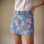 Floral Print Denim Mini Skirt Casual Style Versatile Design Fashionable Rose Pattern Perfect for