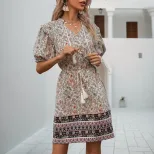 Vintage Bohemian Floral Maxi Dress Slim Fit V Neck Tassel Detail Perfect for Summer Events Whole