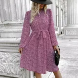 Floral Print Long Sleeve Dress Casual Sweet Elegant Round Neck Versatile Style Wholesale Availab