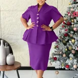 Elegant Plus Size African Dress Slim Fit Ruffled Hem V Neck Short Sleeve Casual or Formal Occasi