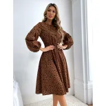 Leopard Print Floral Midi Dress Waist Defining Trendy Design Suitable for Casual Outings Wholesa