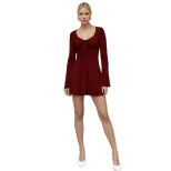 Vintage Red V Neck Tie Waist Slim Fit Long Sleeve Dress Bell Sleeves Retro Style Perfect for Par