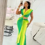Color Block Hollow Out Bodycon Dress Gradient V Neck Long Sleeve Trendy Style Perfect for Street