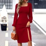 Elegant Midi Dress Side Slit Square Neck Waist Cinching Flattering Fit Perfect for Parties and F