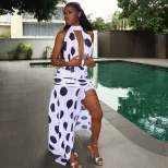 Fashionable Womens Irregular Hem Dress Floral Print Polka Dots Backless Tie Detail Casual or Eve