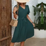 Womens Vintage Pleated Dress Dark Green Elegant Fit Summer Occasion private label