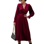 Red Velvet Long Sleeve Dress Elegant Design Autumn Winter Fashion Perfect for Parties and Events