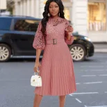 Plus Size Womens Lace Panel Pleated Hollow Out Dress Elegant Design Summer Style African Fashion