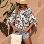 Casual Leaf Print Top Bow Tie Detail Mid Sleeve Stylish Design Perfect for Spring Summer Ready t