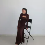 Long Sleeve Bodycon Dress Hollow Out Design Solid Color Elegant Style Perfect for Autumn and Win