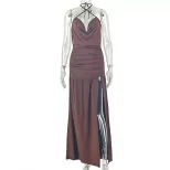 Chic Womens Dress Solid Color Asymmetrical Hem Deep V Neck Halter Neck Bodycon Style Perfect for
