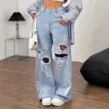 Loose Fit Butterfly Embroidered Ripped Denim Pants Womens Casual Style Perfect for Everyday Wear
