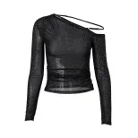 Y2K Style Womens Long Sleeve T Shirt Slim Fit Asymmetrical Shoulder Design Rhinestone Detail Spr