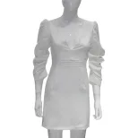 French Vintage Style White Deep V High Waist Backless Dress with Puff Sleeves Elegant Office Wea