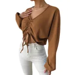Loose Fit V Neck Long Sleeve T Shirt Casual Waffle Fabric Drawstring Detail Cropped Style Spring