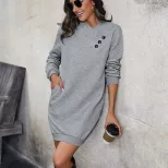 Fall Womens Long Sleeve Midi Dress Solid Color Straight Cut Comfortable Fabric Casual Wear Whole