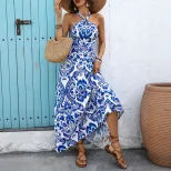 Vintage Floral Print Halter Backless Dress for Women Blue Summer Vacation Style custom packaging