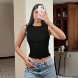 Sleeveless Knit Crop Top Round Neck Slim Fit Lightweight Fabric Spring Summer Casual Wear Wholes
