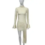 Fashionable Solid Color Bodycon Dress High Neck Flared Sleeves Slim Fit Casual or Evening Wear W