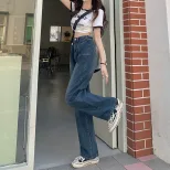 设计高腰大口袋牛仔裤女蓝灰宽松遮肉休闲梨形小众拖地阔腿长裤子