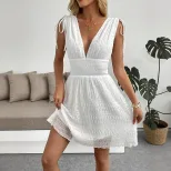 Summer Vacation Dress Fresh White V Neck Mini Dress with Shoulder Straps Lightweight Fabric for