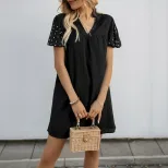 Loose Fit Straight Dress Beaded Detail Fashionable Minimalist Design Black Color for Casual Occa