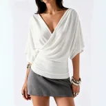 French Style Batwing Sleeve Top V Neck Ruched Waist Slim Fit Elegant Casual Wear for Office Whol
