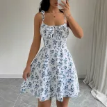Floral Print Short Dress Summer Style Square Neck Sleeveless Lightweight Fabric Perfect for Casu