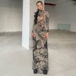 Fashionable Womens Sheer Mesh Floral Print Dress High Neck Slim Fit Trendy Style Perfect for Spr