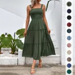 Casual Summer Dress Solid Color Adjustable Straps Waist Tie Design Beach Vacation Essential Whol