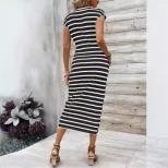 Elegant Striped Maxi Dress Waist Tie Short Sleeve Round Neck Summer Fashion for Women Wholesale