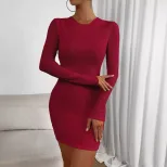 Red Bodycon Dress for Women High Waist Slim Fit Backless Round Neck Spring Summer Fashion Wholes