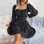 French Style Womens Dress Square Neck Pleated Waist Defining Slim Fit Autumn Winter Casual Wear