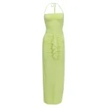 Womens Halter Neck Dress Slim Fit Ruffle Trim Pleated Side Slit Elegant Long Dress for Parties a