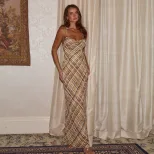 Womens Summer Dress Sexy Backless Design Stylish Plaid Pattern Bodycon Fit Available in Khaki Wholesale