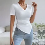 Womens Fashion Top Sexy V Neck Slim Fit Asymmetrical Hem Short Sleeve Stylish and Versatile for