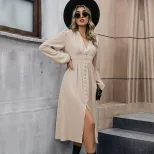 Fashionable Womens Solid Color Long Sleeve Split Dress Elegant Design Versatile for Spring and A