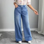 Loose Fit Pearl Lace Wide Leg Jeans Simple Fresh Design Casual Wear for Women Wholesale Availabl