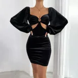 Velvet Bodycon Dress Sexy Hollow Out Design Slim Fit Puff Sleeves Elegant Style Perfect for Part