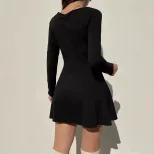 Elegant Black Square Neck Long Sleeve Dress Versatile Casual Style for Spring Summer Wholesale A