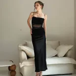 Elegant Long Split Dress French Style Mesh Splicing Slim Fit Sleeveless Perfect for Evening Even