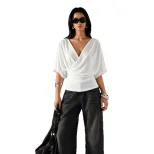 French Style Batwing Sleeve Top V Neck Ruched Waist Slim Fit Elegant Casual Wear for Office Whol