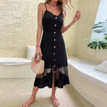 Casual Summer Dress Black Lace Panel Sleeveless Lightweight Fabric Perfect for Beach or Party Wh