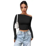 Slim Fit Asymmetrical Long Sleeve Womens T Shirt Versatile Design Pleated Detail Spring Summer S